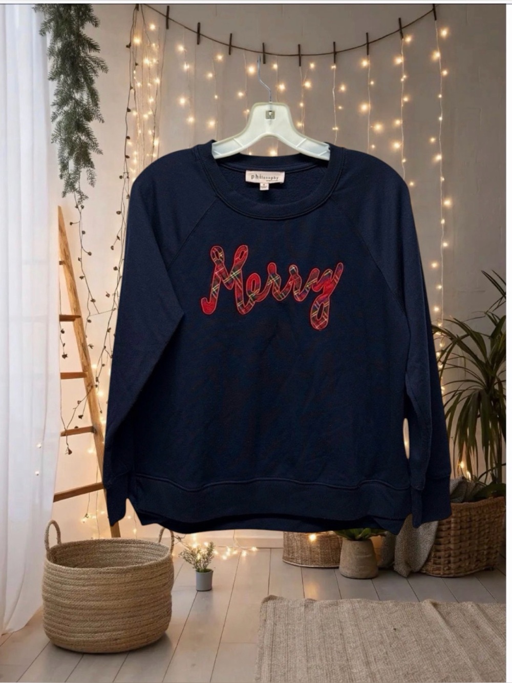 Philosophy navy blue Merry script in plaid crewneck sweatshirt sweater small
